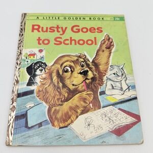 Vintage 1962 Little Golden Book Rusty Goes to School 456 Puppy Dog French Story
